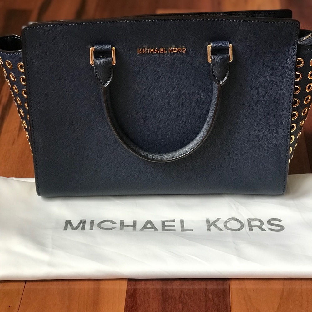 GENTLY used navy & gold- tone purse & dust bag